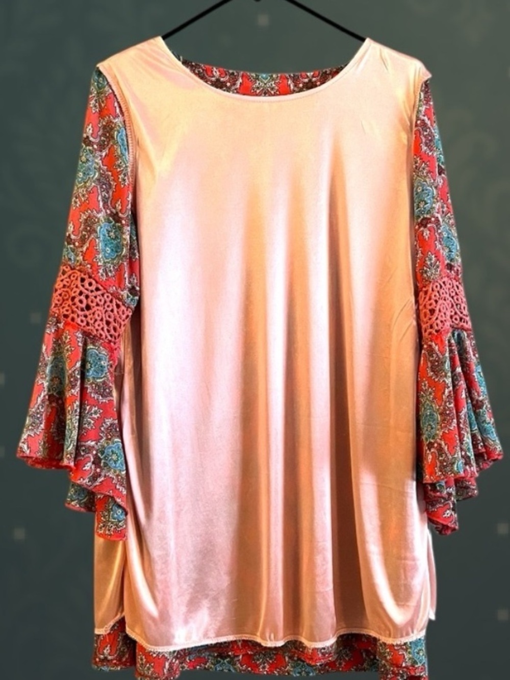 Lady Noiz Coral Paisley Boho Dress Bell Sleeves Crochet Lace Small - Picture 3 of 15